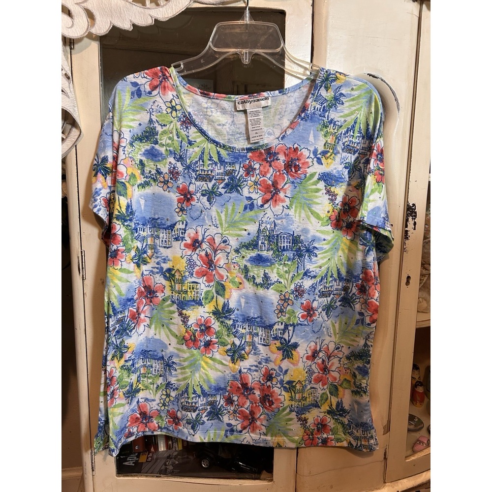 Cathy Daniels floral Sequins Blouse Short Sleeve Women size XL - Picture 2 of 10